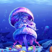 Character illustration in a underwater setting surrounded by fish